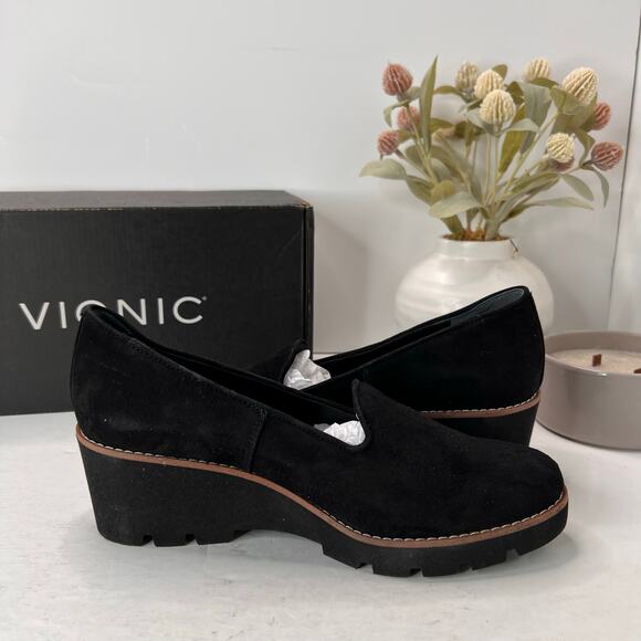 Vionic Willa Wedge Loafers Suede Slip On Black Women's 8.5 NWD Water Repellent - Picture 6 of 12